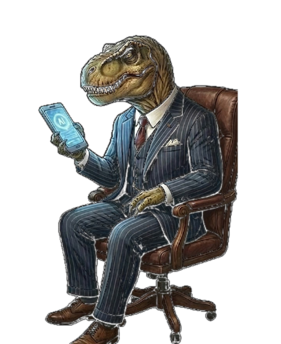 El Empresaurio: un dinosaurio con traje de raya diplomática, sentado en un sillón de despacho mirando el móvil