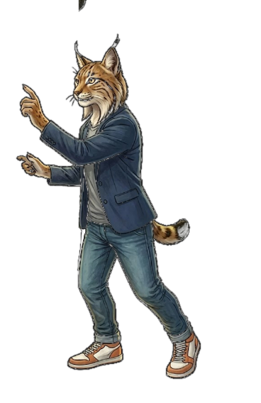 El Lincesario: un lince con americana, vaqueros y zapatillas, en movimiento