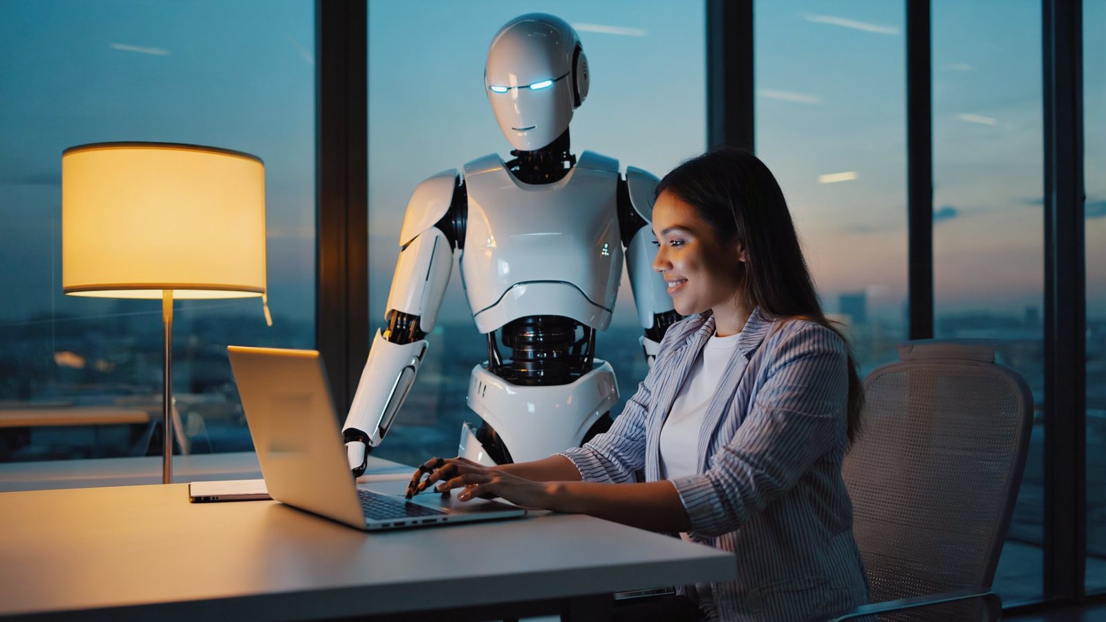 Un robot humanoide y una profesional trabajan juntos frente a un portátil en una oficina al atardecer