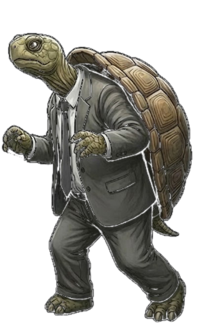 El Tortusario: una tortuga con traje gris que camina despacio